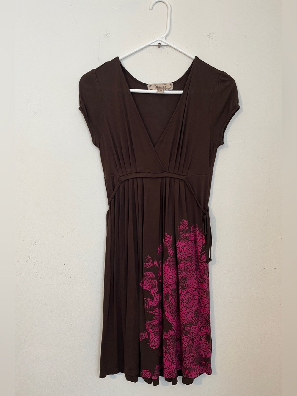 Decree women Brown Midi Dress with Pink Floral Panel size S/CH Stretch Rayon